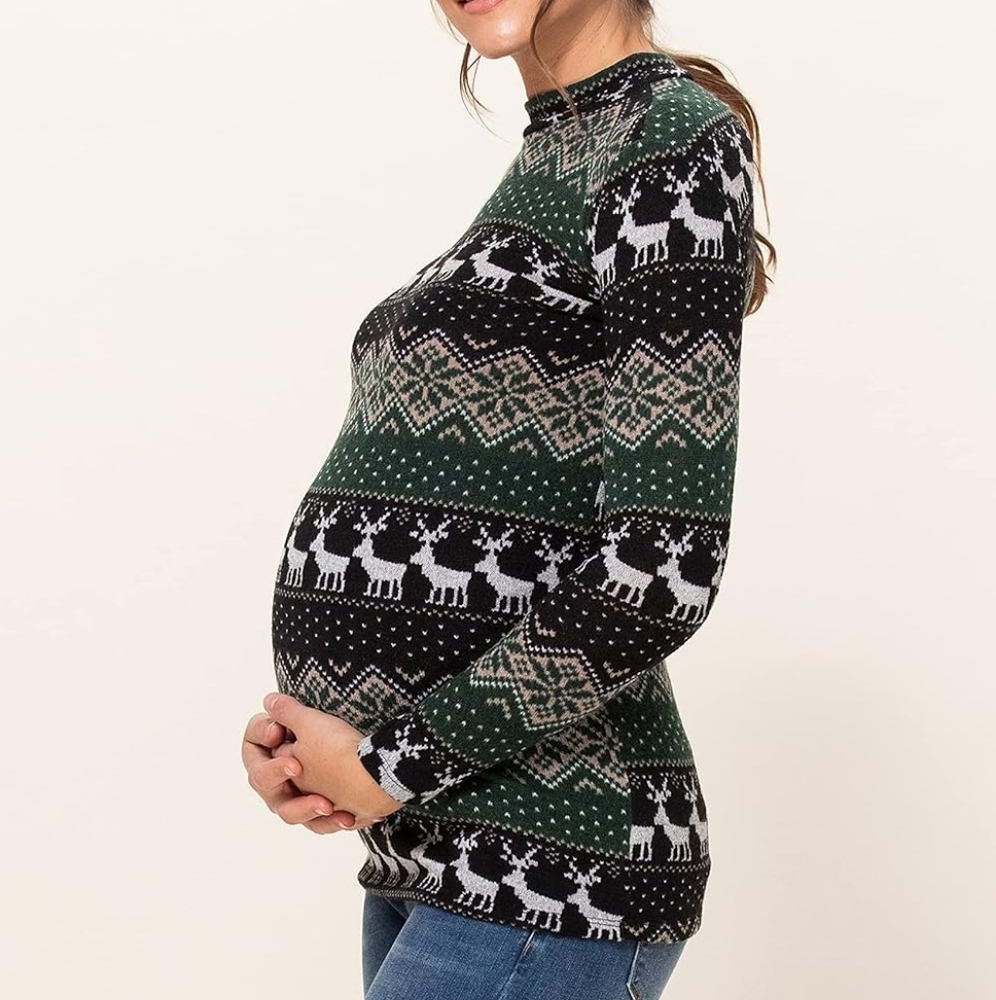 Maternity Green Patterned Holiday Sweater